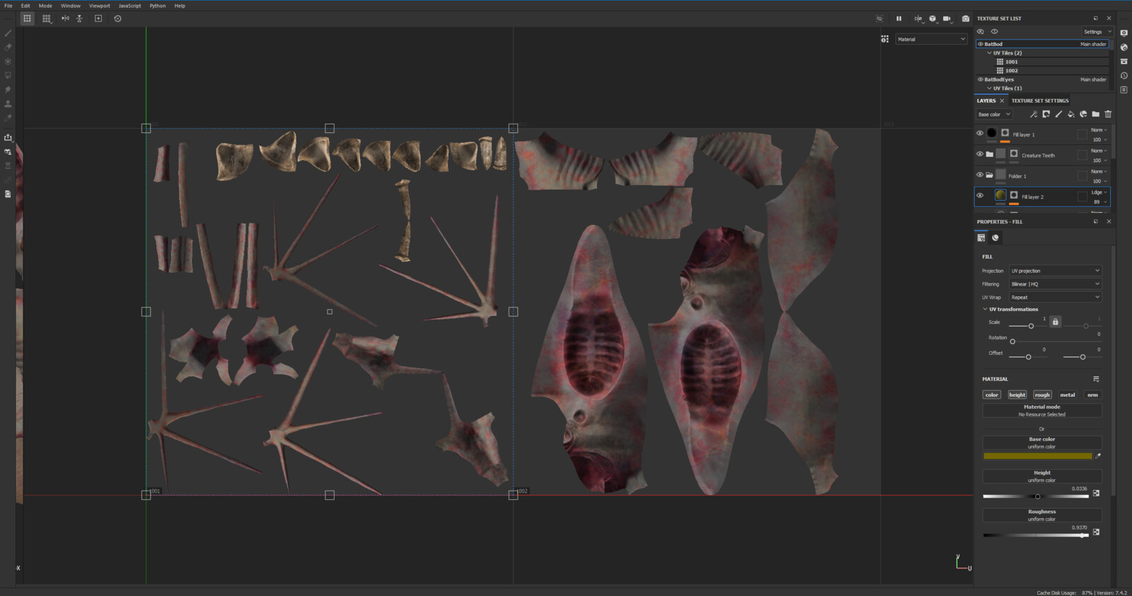 UV Texture Map for the bat Bod. I set up UDIM textures for that
