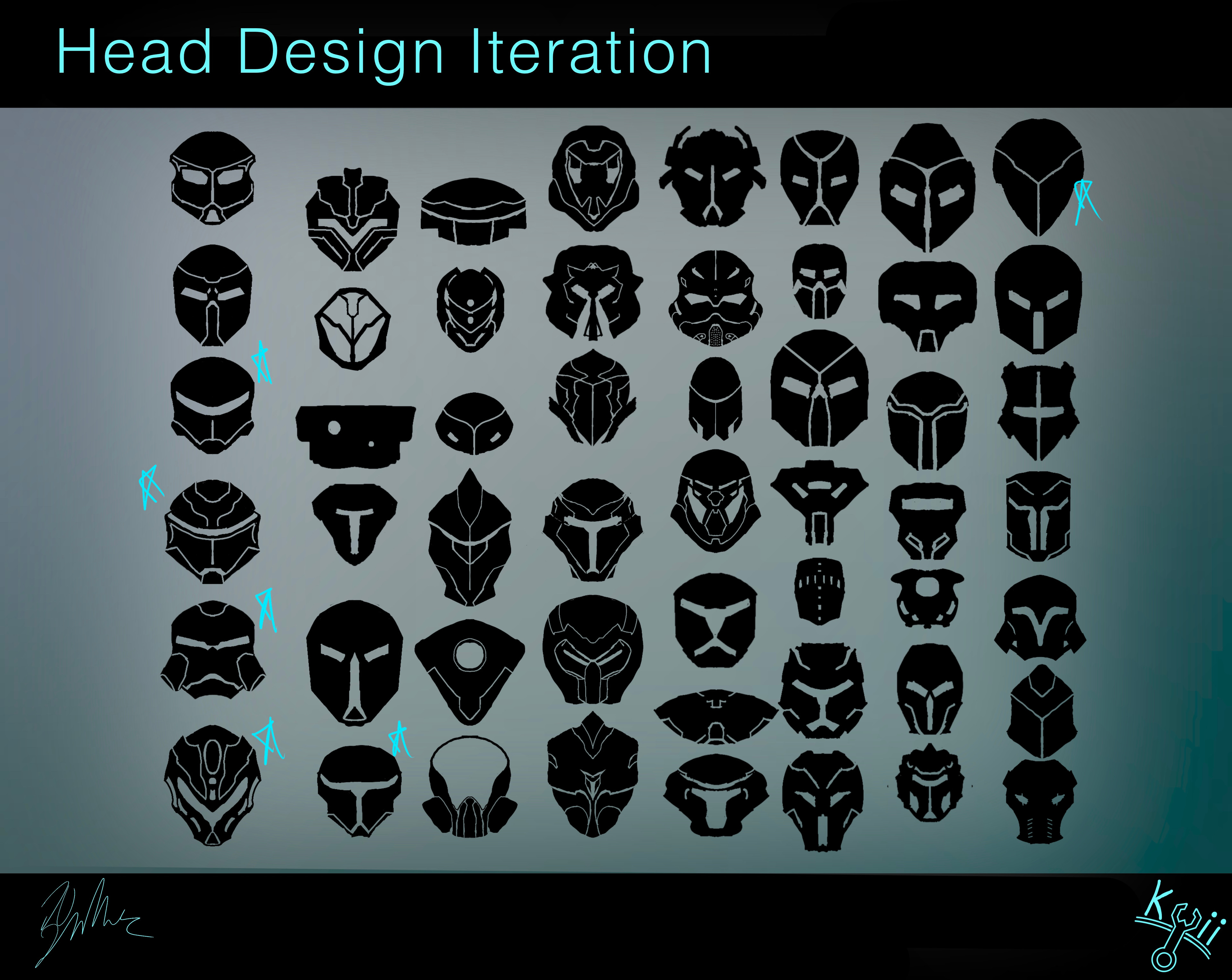 Many different helmet designs for Pix. As I started drawing out some of my initial ideas for his head I decided to try and move towards a different path and eventually found some cool designs that I liked.