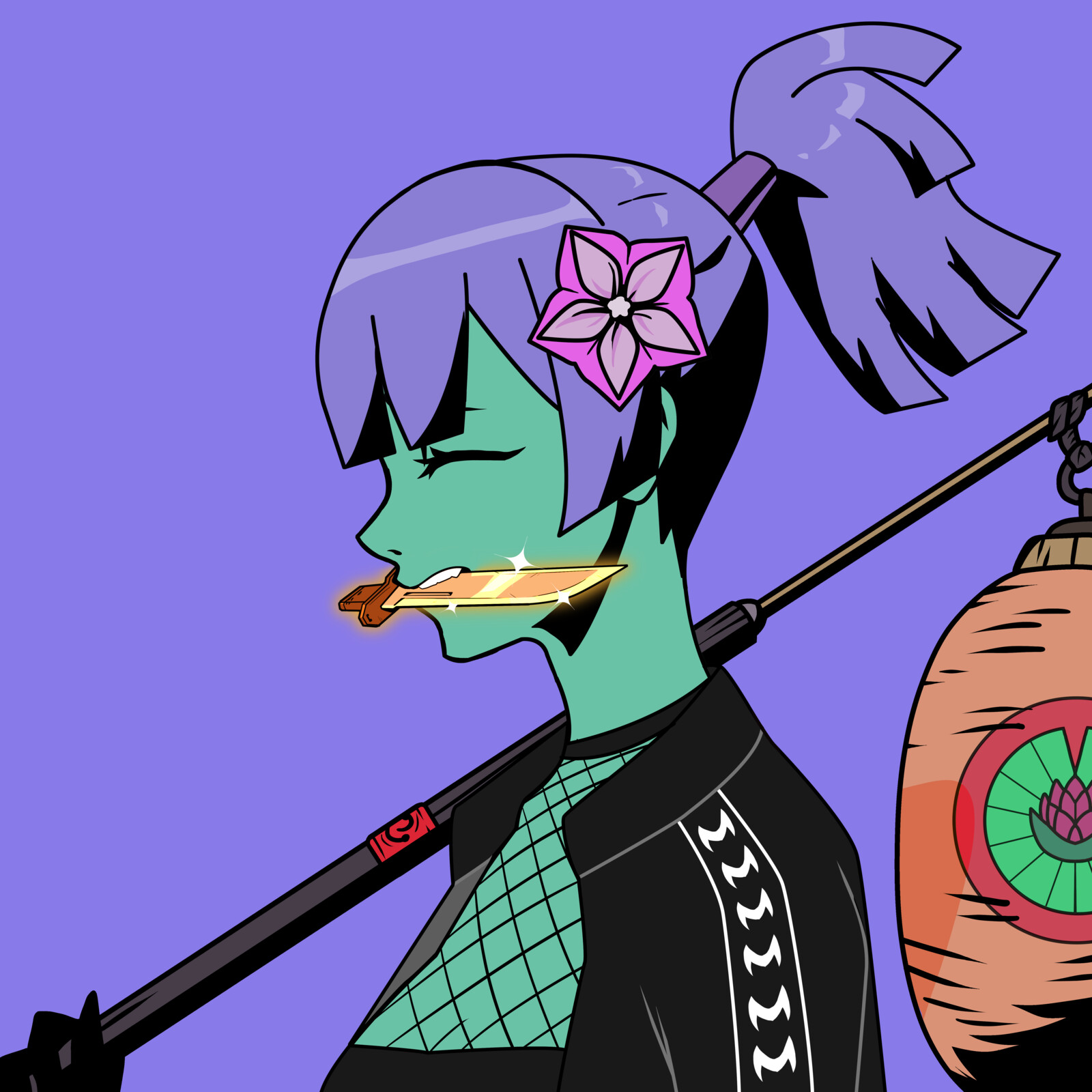 Purple Hair, Ponytail, Green Skin, Street-wear inspired clothing. Generated Art for King Crown DAO