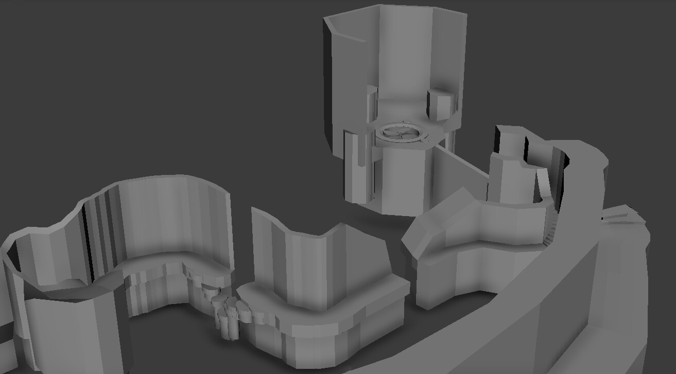 A chunky blockout I made as a base for the environment. I made a modular rock pack for this project, which made building over the blockout very convenient. 