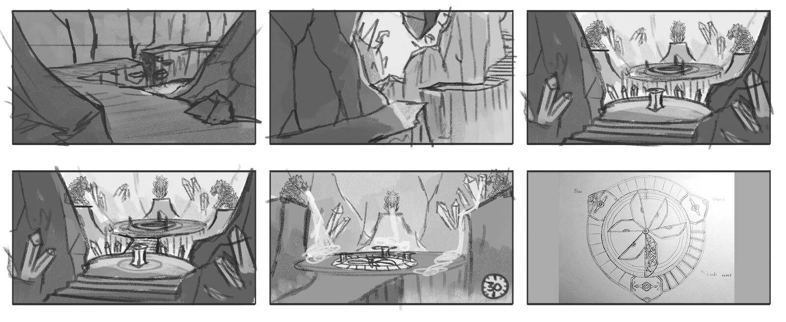I started designing the level by making a storyboard. The last picture depicts a puzzle, which I will explain down below!