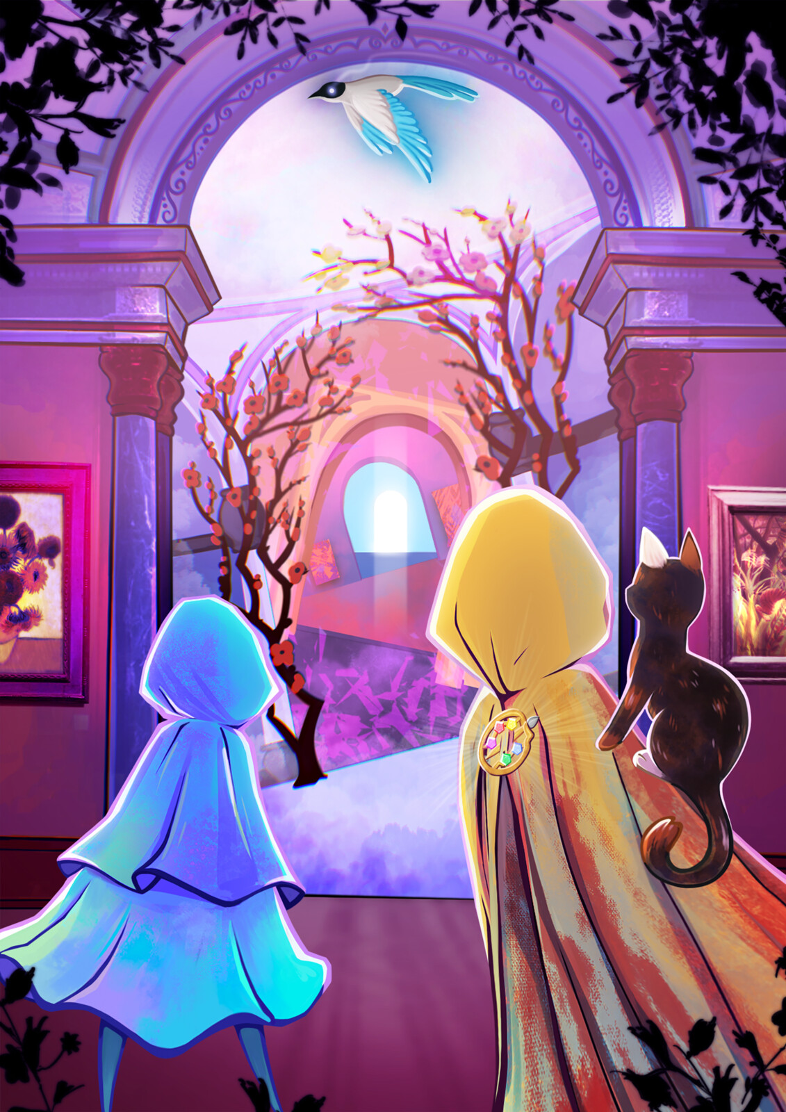 Final graphic for the Keeper of Painting poster and first in-game cut-scene. 
The Keeper of Paintings (right), the player (left) and Claws Monet (the cat) are looking through the distorted halls of the National Gallery's Keeper Dimension.