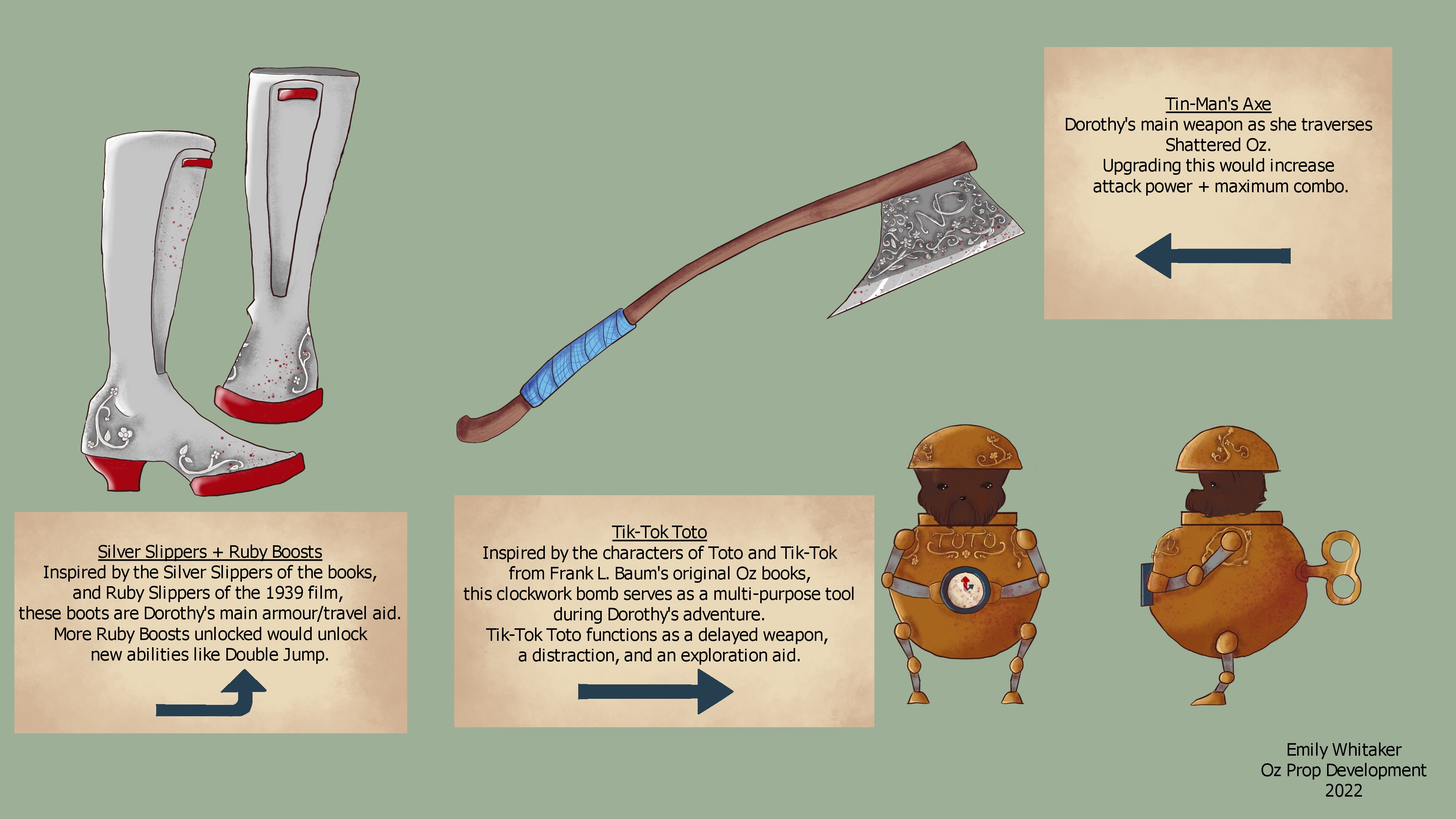 Prop concepts including Dorothy's main weapon: the Tin-Man's axe, her Silver Slippers, and a clockwork dog inspired by Toto.