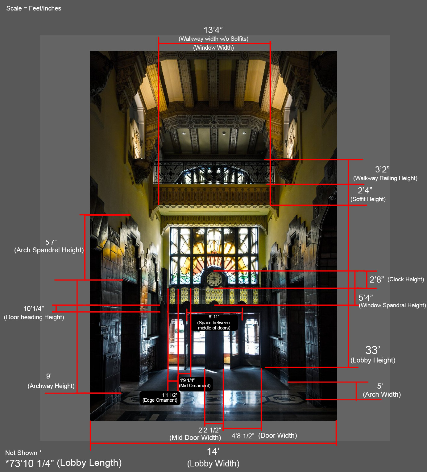 Measurements based on schematics.
Base Image Credit: https://www.locationfixer.ca/projects/the-marine-building/