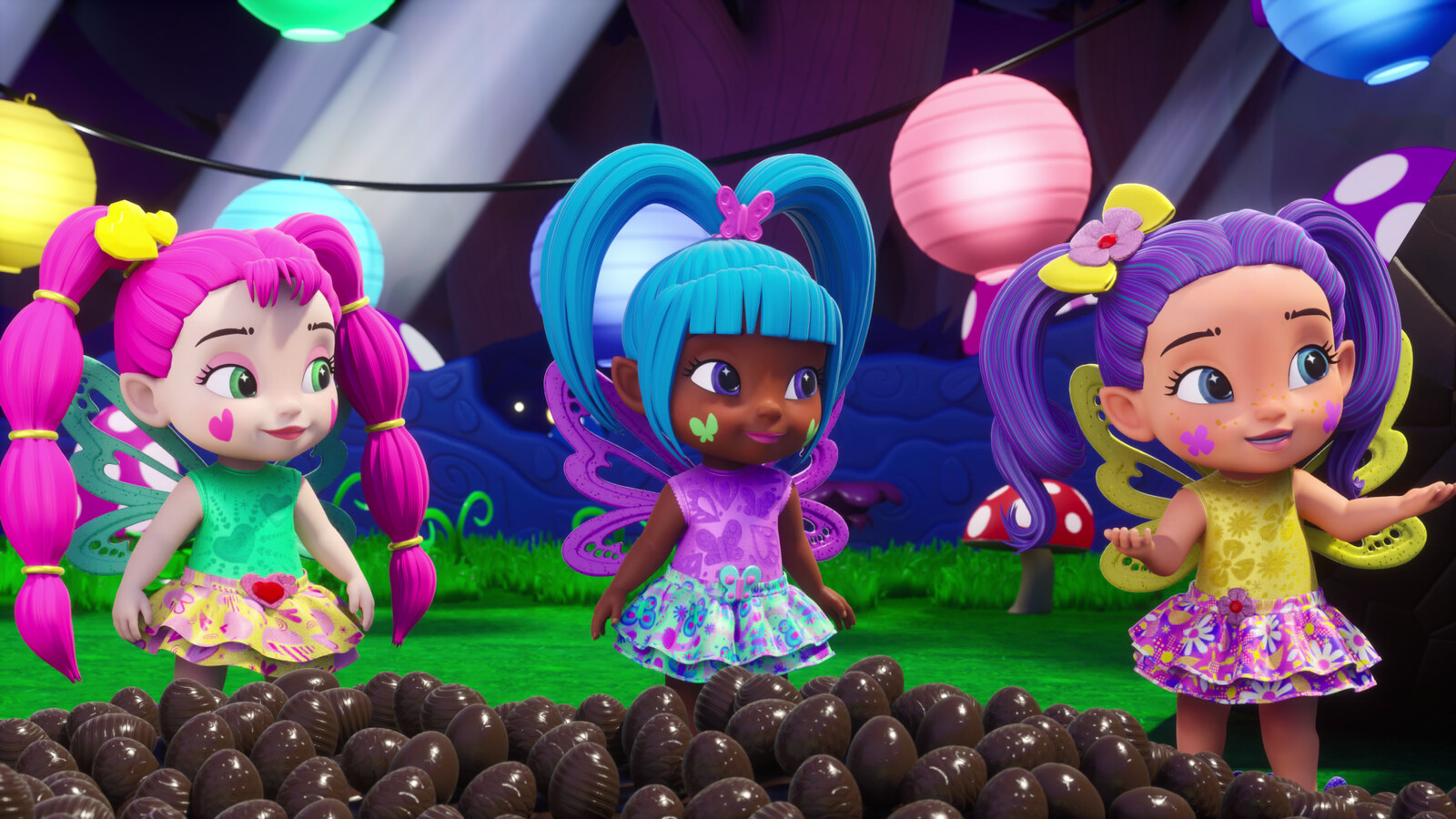 Responsible for all characters and the environment (modelling and shading). Pile of chocolate eggs done by another artist.