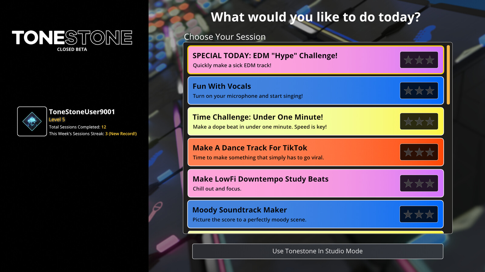(2) Second set of mockups for revised v1 dashboard, including new accent highlight colors. One panel, immediately launches selected session instead of highlighting it on another panel.