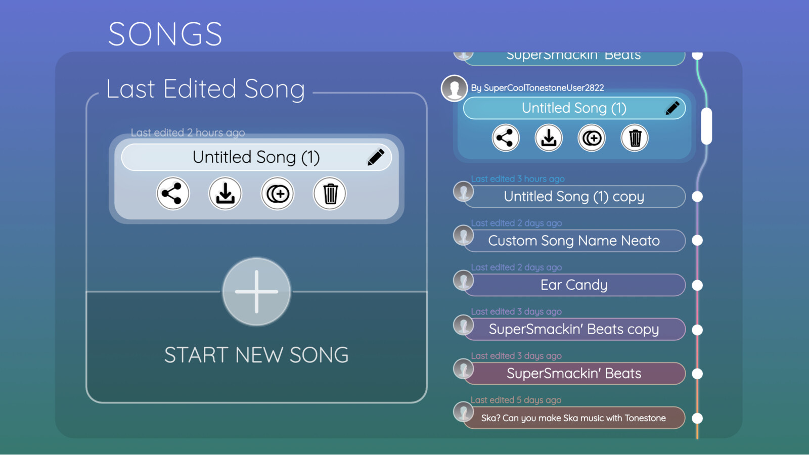 (1) Mockup of V2's song/deck selection screen. V2 refactor involved a lot of exploration with color gradients and glass style UI shapes.