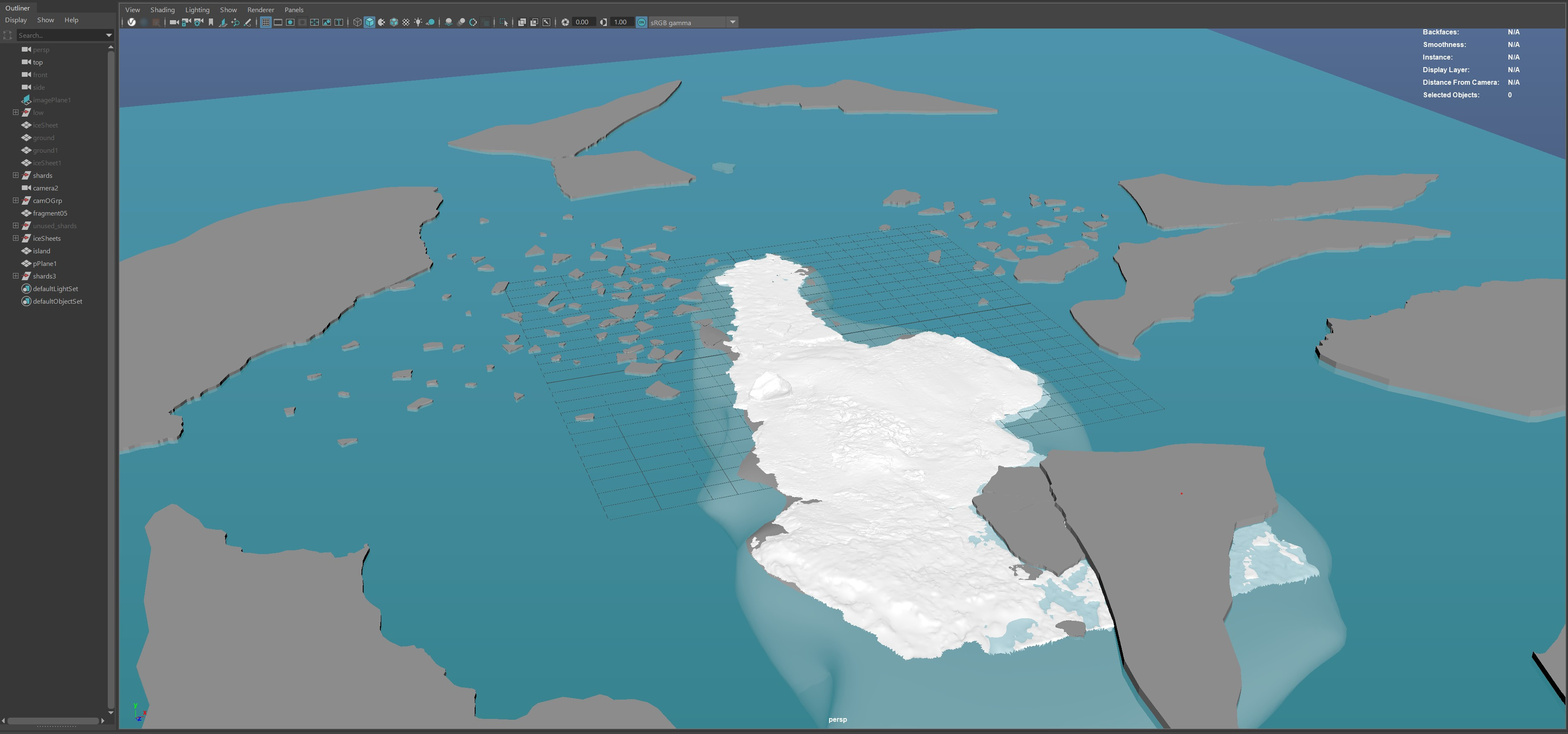 I then cleaned up the data and modeled all the additional ice pieces, island, and large ice sheets using references images of the real location. 