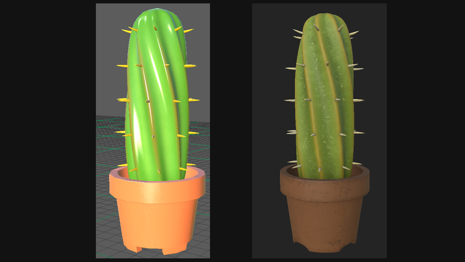 This is a before and after shot of the cactus.  On the left, the textures were painted in Photoshop.  On the right, the textures were generated in Substance Painter.