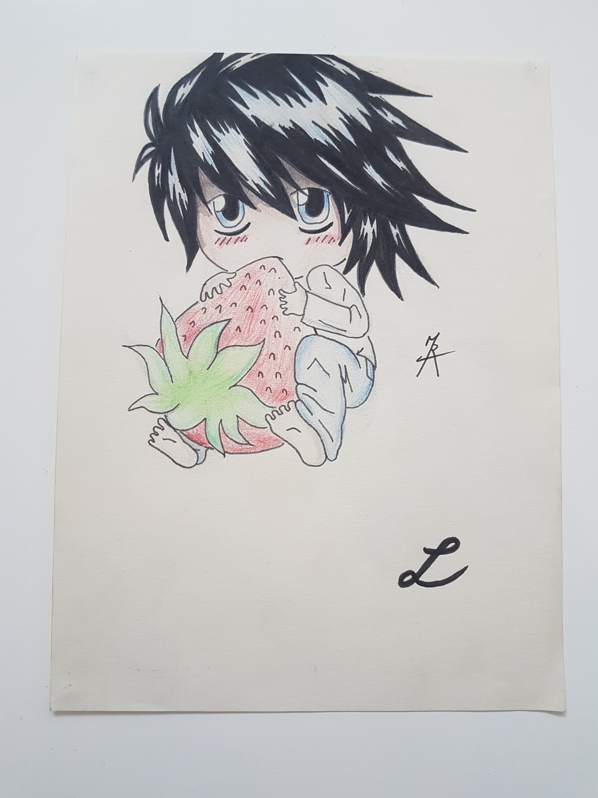 ArtStation Death Note L Chibi an-anime-character-sitting-on-the-floor-drinking-from-a-cup-in-front-of