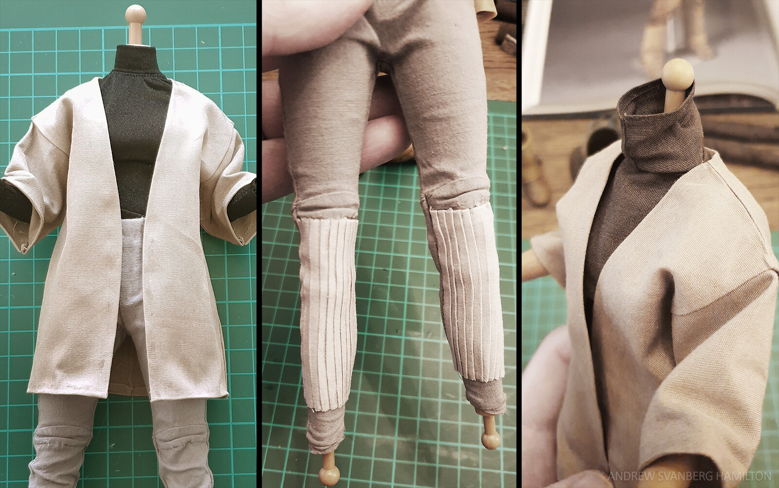 Tailoring the clothing, pleating the pants, and creating other details such as the neck cover, and vest padding
