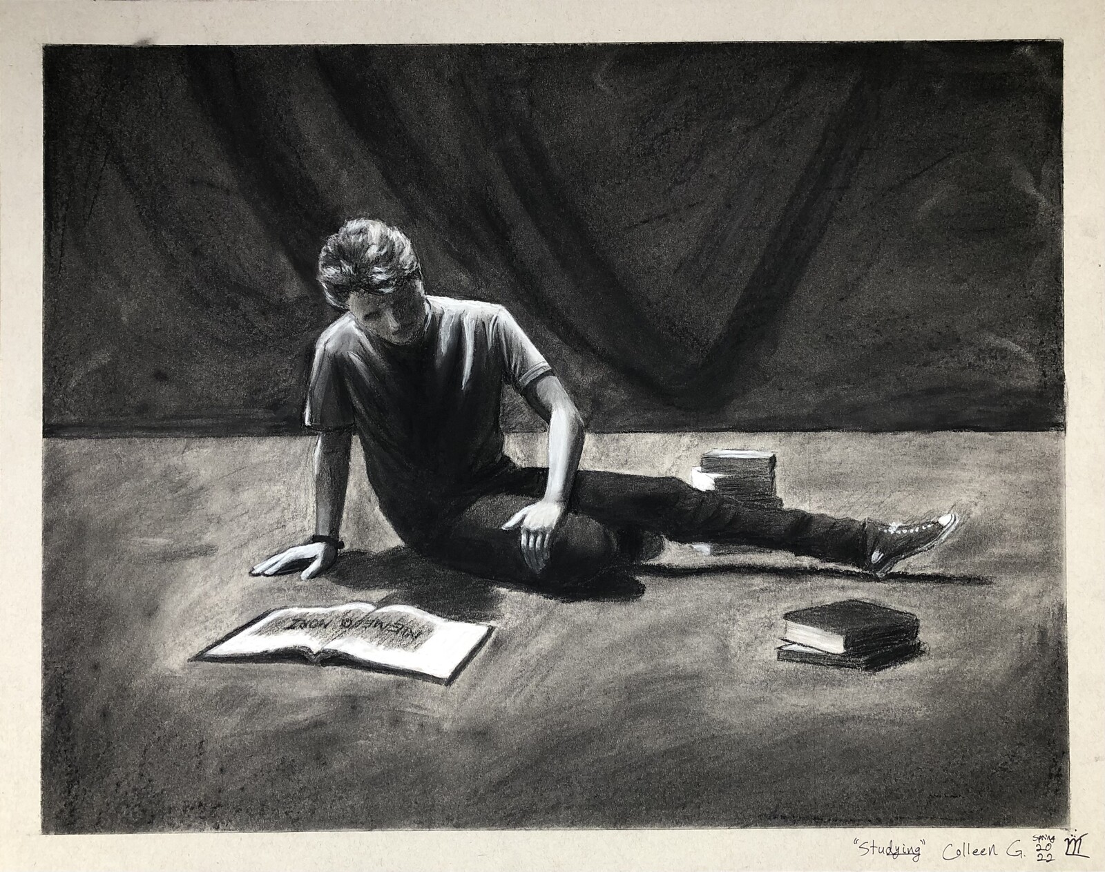 Reinterpretation of classical sculpture "Dying Gaul". Renamed "Stu'dying'". Charcoal and white Conte crayon on gray paper. 
