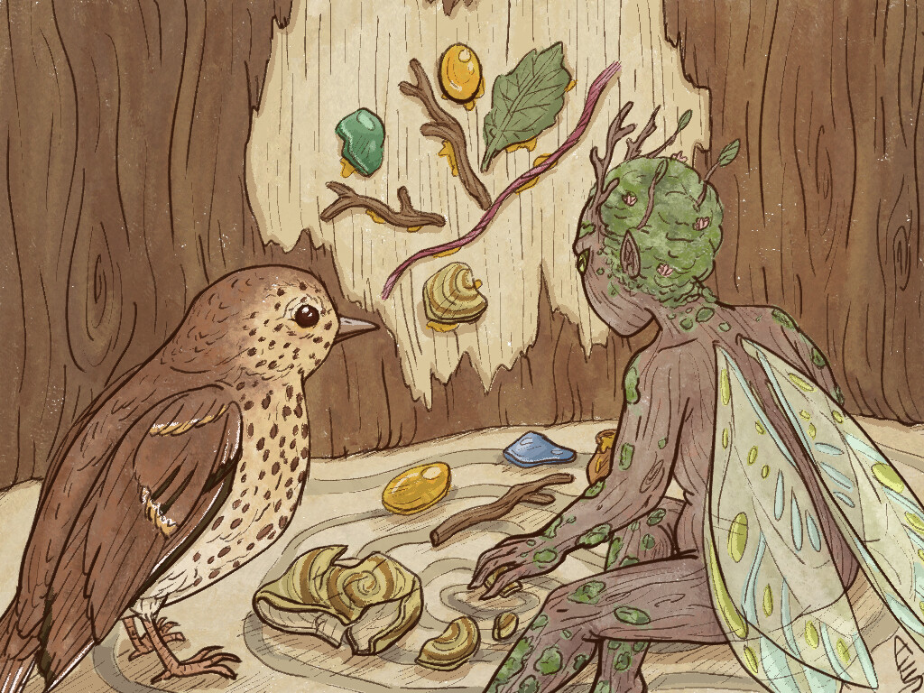 A wood fae and their song thrush friend.