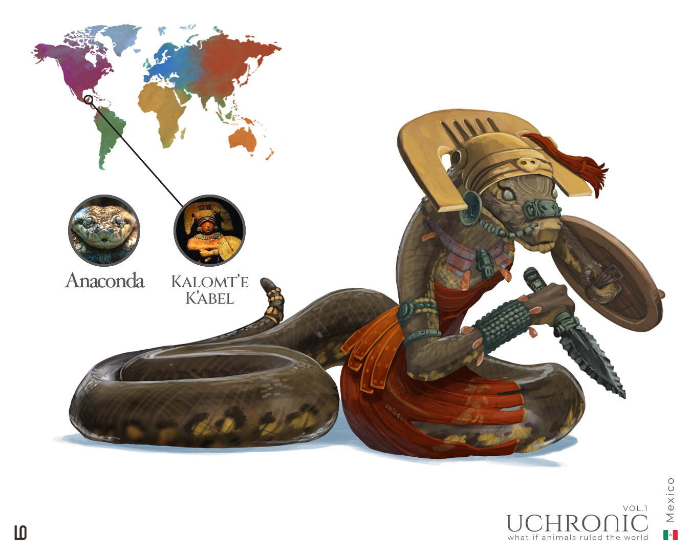 Kalomt’e K’abel , the great Mayan warrior from the Snake Dinasty, as an Anaconda (of course) I know that anacondas lives in Brazil, but looks cool!