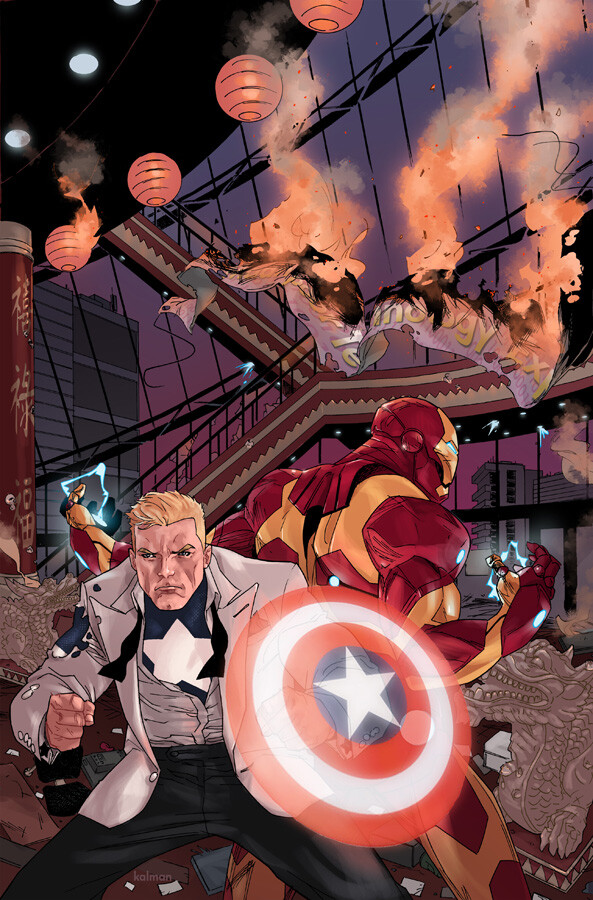 Cover art for an issue of Captain America &amp; Iron Man (it was a thing, for a minute). Got to channel some Temple of Doom fanishness into Cap's white tuxedo.