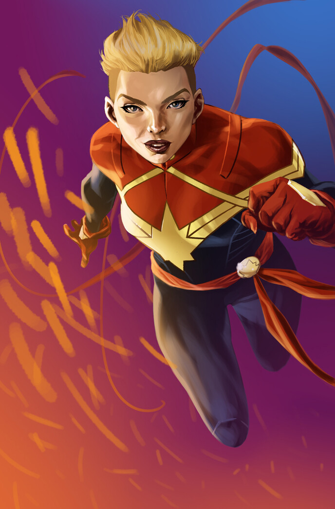 This Captain Marvel figure is from an ensemble cover that I had mixed feelings about, so I plucked her out and turned it into a solo piece.