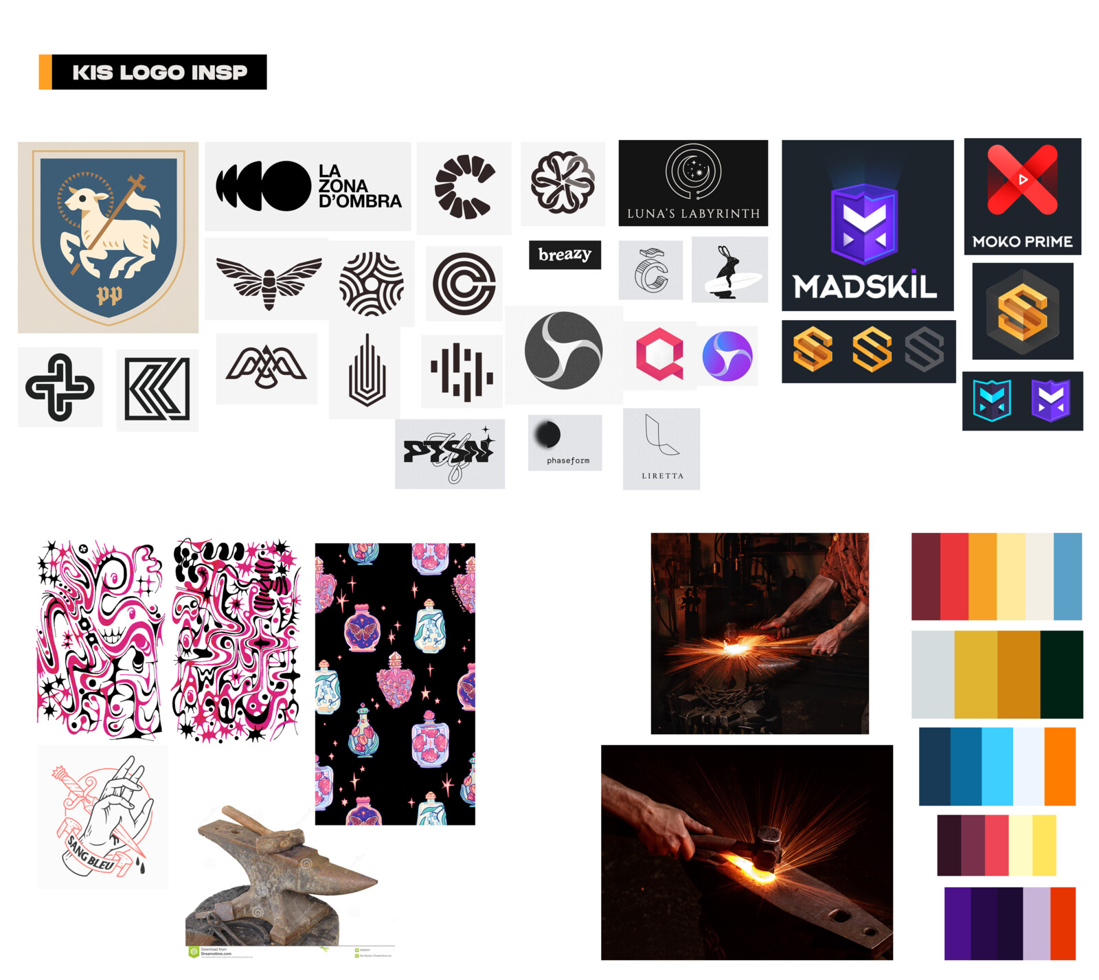 ID: Research done for inspiration; I took care to get inspiration for logos, vector work, feel, and photographic references. I also gathered a bunch of possible palettes.