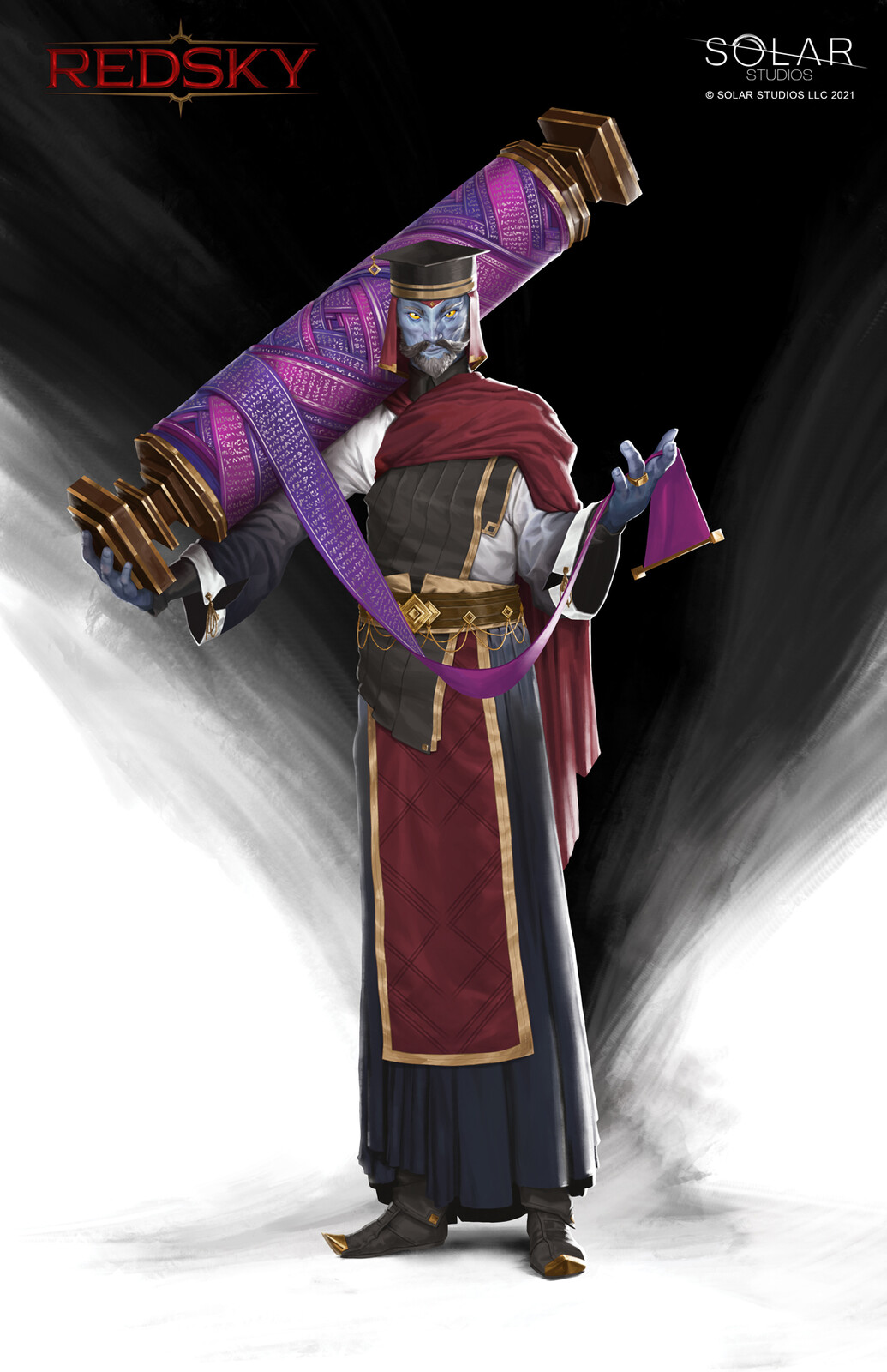 An Archivist Wordsmith holding a Cazram scroll - a sacred text denoting historical and religious events.