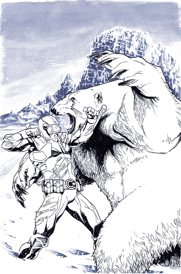 Ink and wash original art for Captain Canuck issue 4. Only a couple Canuck covers were hand-drawn, and this is one.