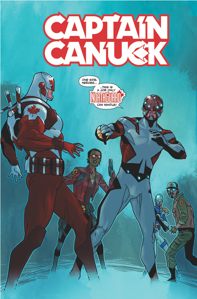 Cover art for Captain Canuck issue 9. The introduction of our take on Northguard, and an intentional cheeky riff on John Byrne's cover for the first issue of Alpha Flight. Presented with lettering to work best.