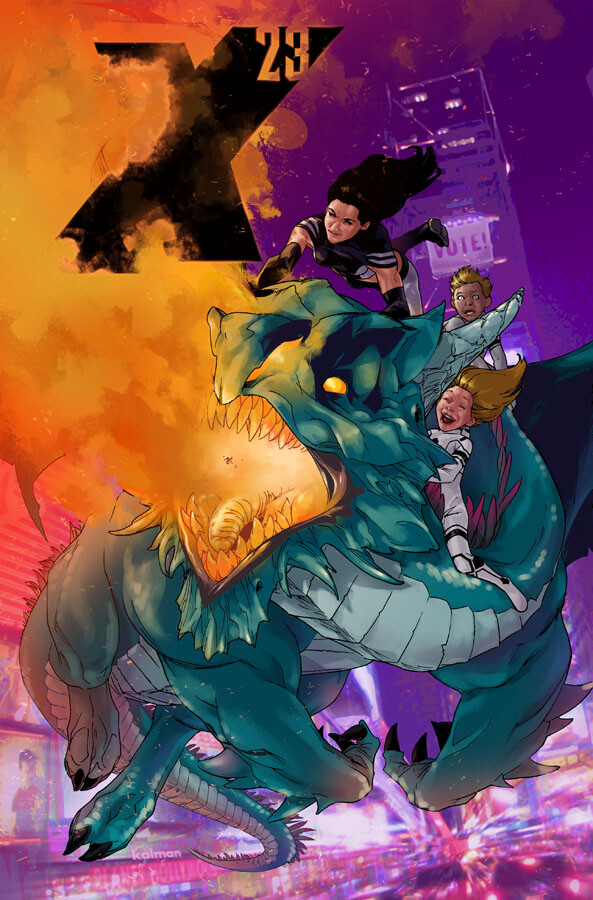 Cover art for X-23 issue 18. Covers where someone/something is destroying the logo? Always a good time.