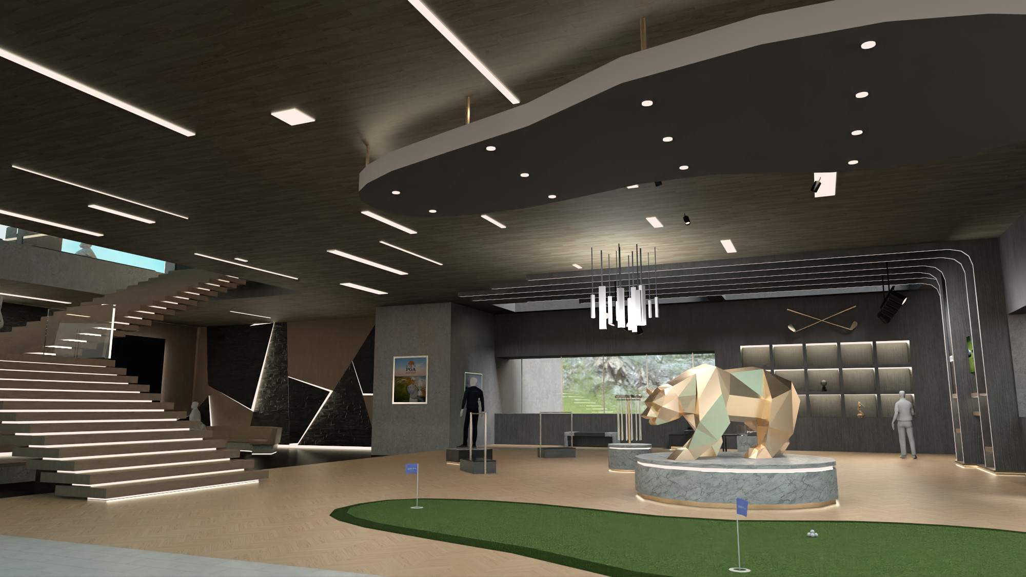 Interior view of clubhouse showing retail "pro shop" area, putting practice area, and staircase.
