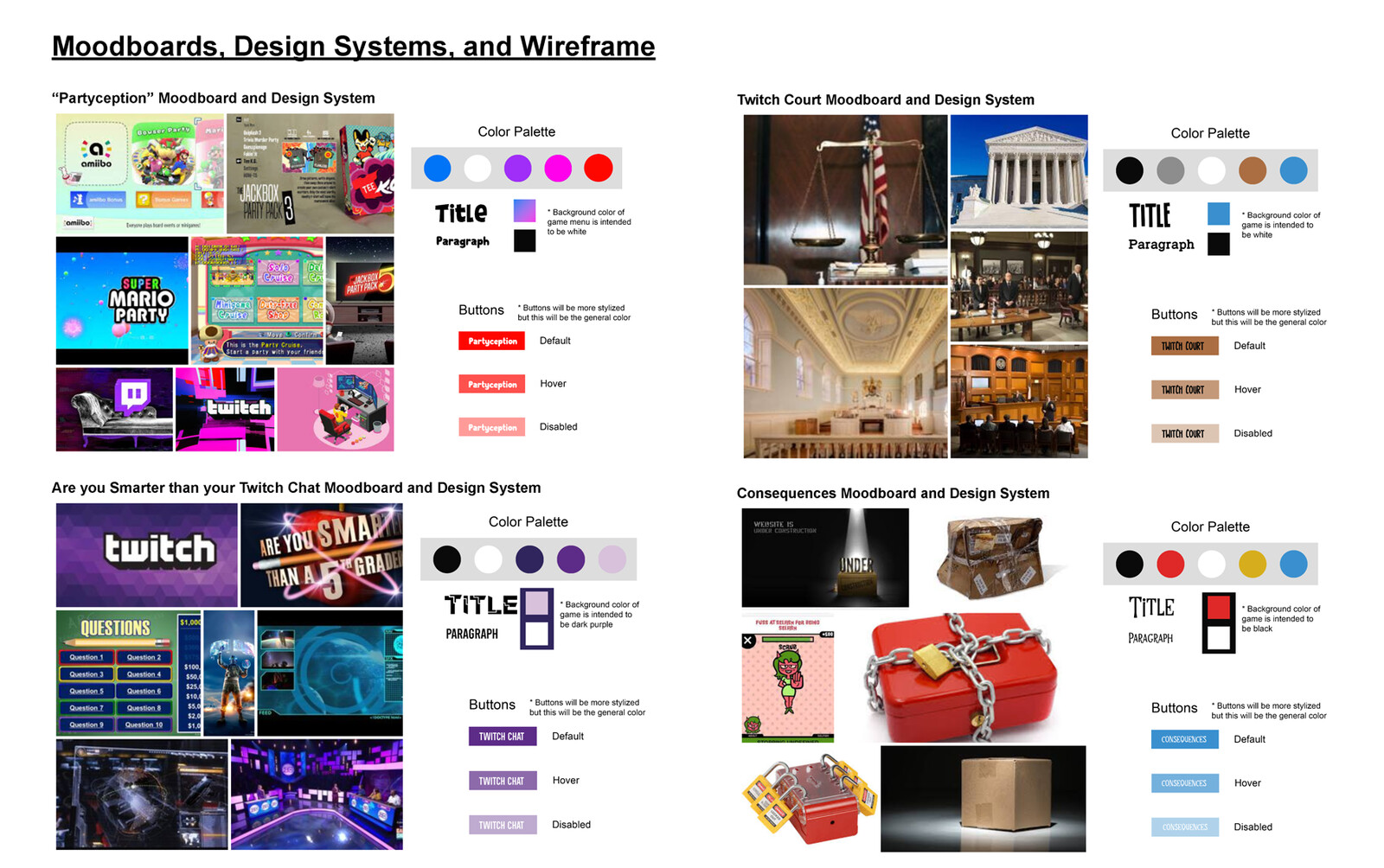 Pre-production:  Moodboards and design style guides I created. Our group had originally thought of three separate party games. Above are references to how the main title, first, second, and third game would look and feel like.