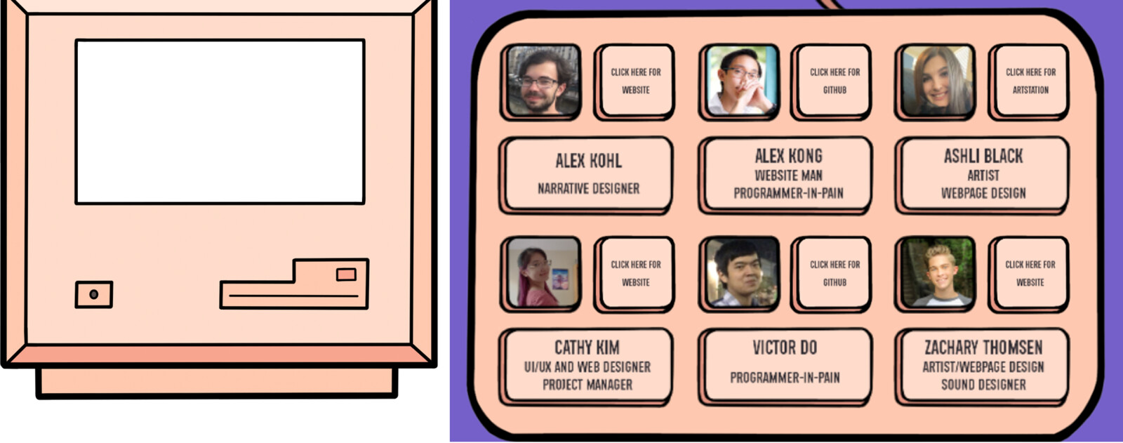 Webpage: A "keyboard" design I created that used the keys to display each group members photos, links, names, and role. I was inspired by the computer frame around our games web GL made by my other group member Zach. 