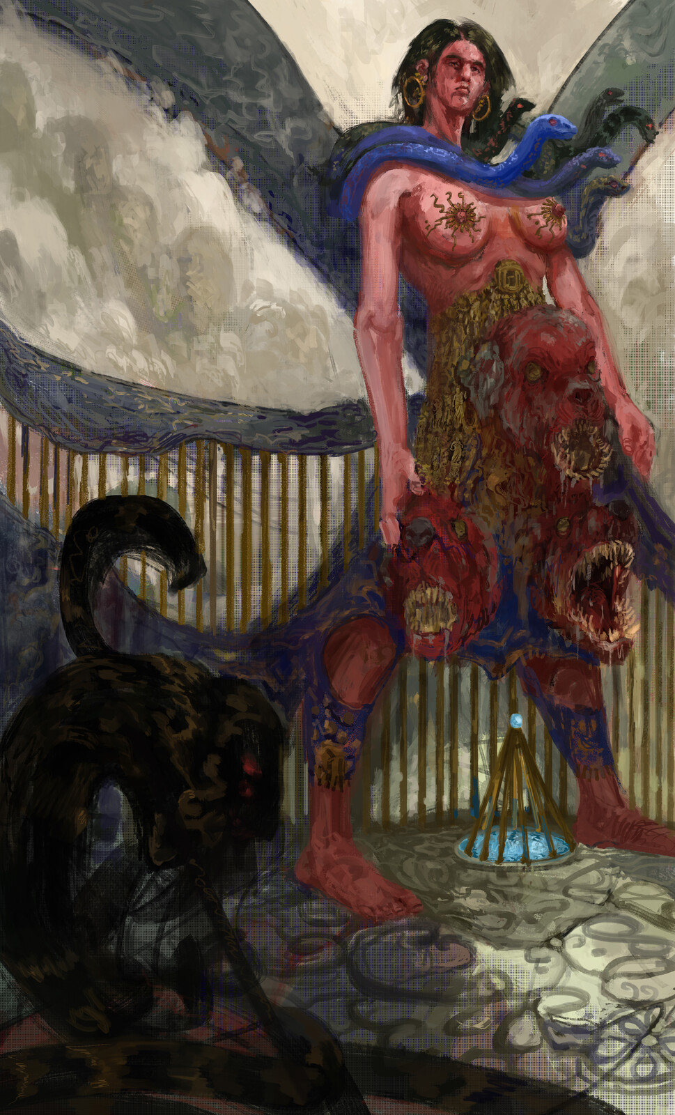 Sin &amp; Death
"About her middle round.
A cry of Hell-hounds never ceasing barked
With wide Cerberean mouths full loud, and rung
A hideous peal; yet when they list, would creep,
If aught disturbed their noise, into her womb"