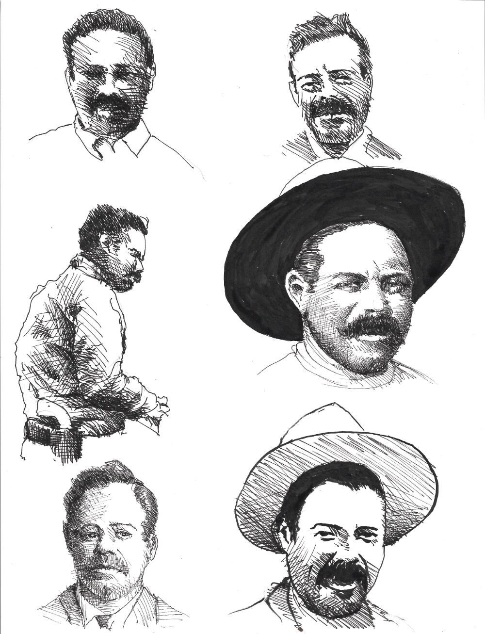 Sketches of Pancho Villa in pen and ink.