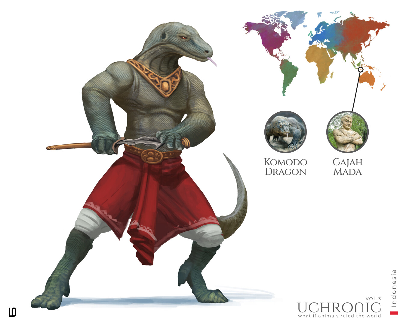 From Indonesia, a powerful warrior and military leader from the Javanese kingdom of Majapahit, Gajah Mada, in a world where only animal rules… will be a big and unique Komodo Dragon for sure!