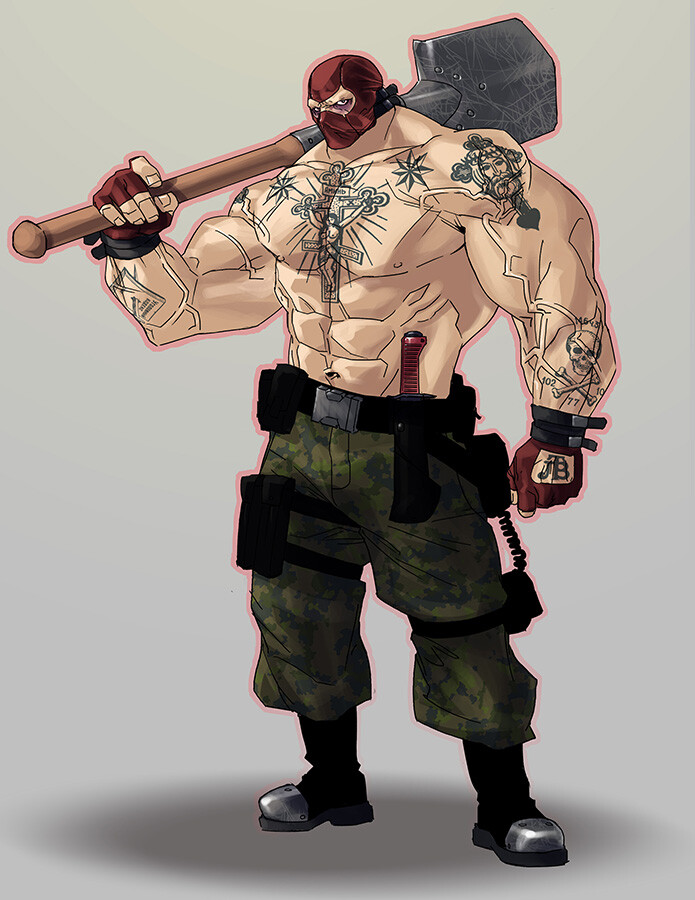 His weapon is an enlarged version of the standard issue WWII era Soviet shovel.