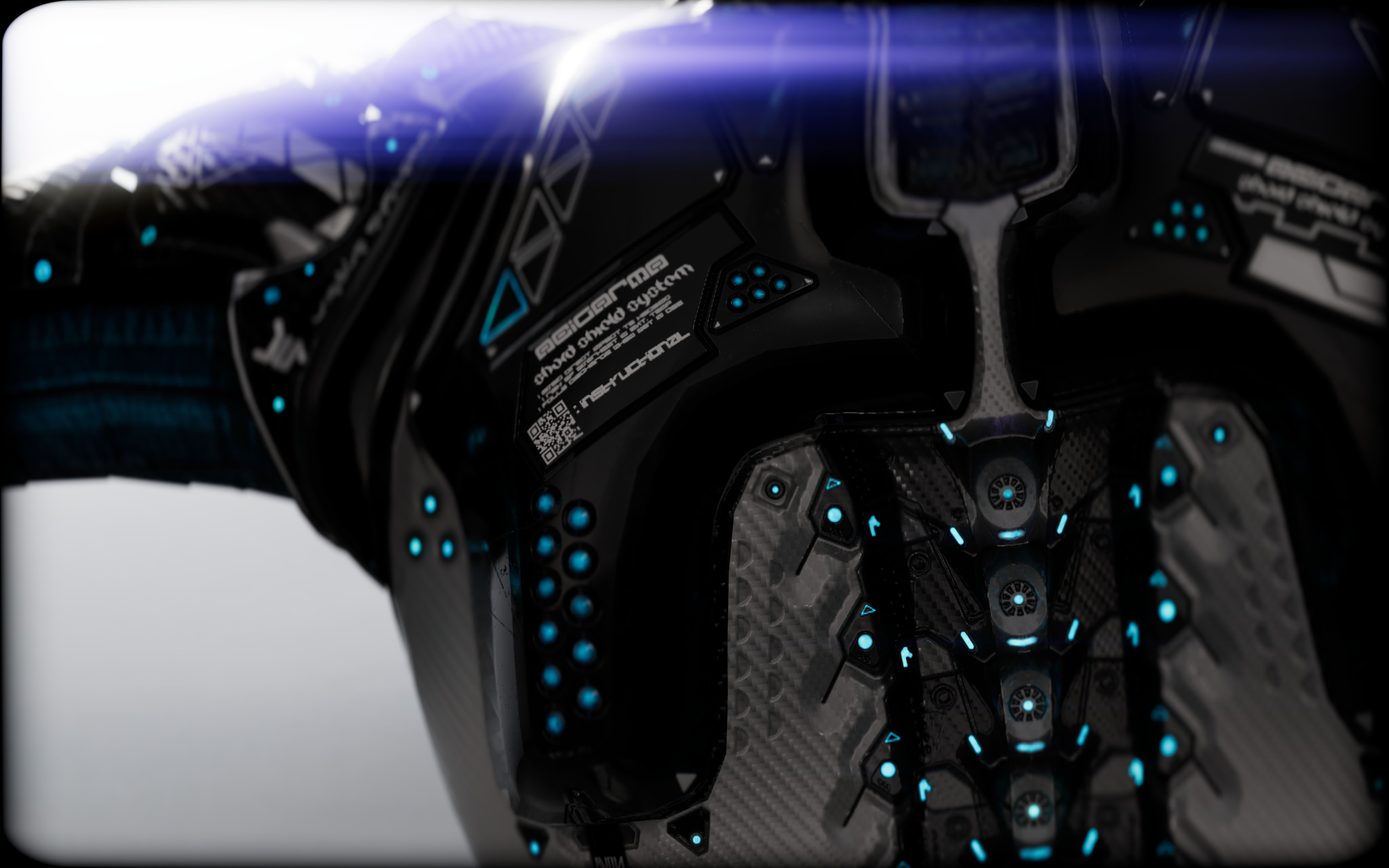 Shoulder plates. I wanted to get nerdy with lore and details, so the QR codes are functional, and the brands on the model are (fictional) producers of different aspects - armor, weapons, etc. 
