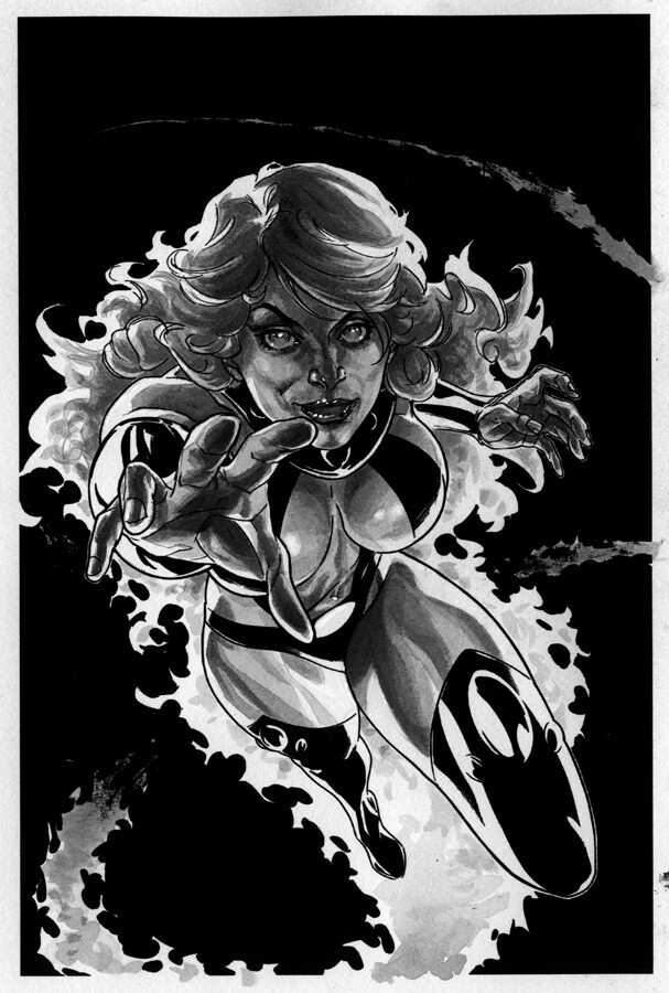 Original inkwash art for R.E.B.E.L.S. issue 12.
I'll sometimes flip art at various stages to help me see and correct wonkiness (not always successfully :)
