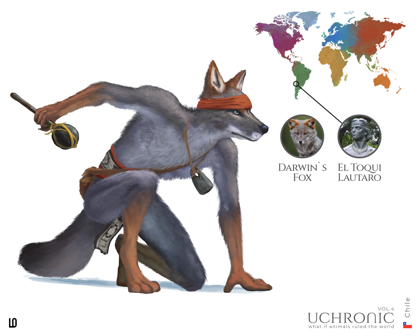 El Toqui Lautaro, a brave warrior and leader of the Mapuche resistance against the Spanish conquest in Chile, as the unique Darwin’s Fox, a beautiful and sadly endangered animal.