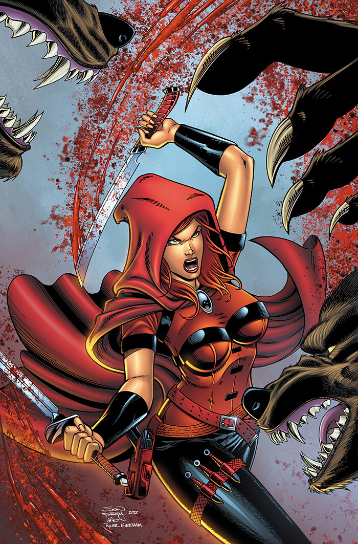 "Scarlet Huntress Adventures" 2022 reprint cover. Homage to Tyler Kirkham's "Something is Killing the Children" 21. 

Pencils, inks, and colors by Sean Forney 

Scarlet Huntress is a registered trademark and copyright Stephanie and Sean Forney 