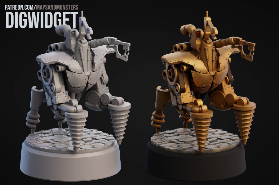 3D printable miniature from the RPG Pathfinder 2e. Dig-Widget is a monster that digs and unlocks doors for thieves. 