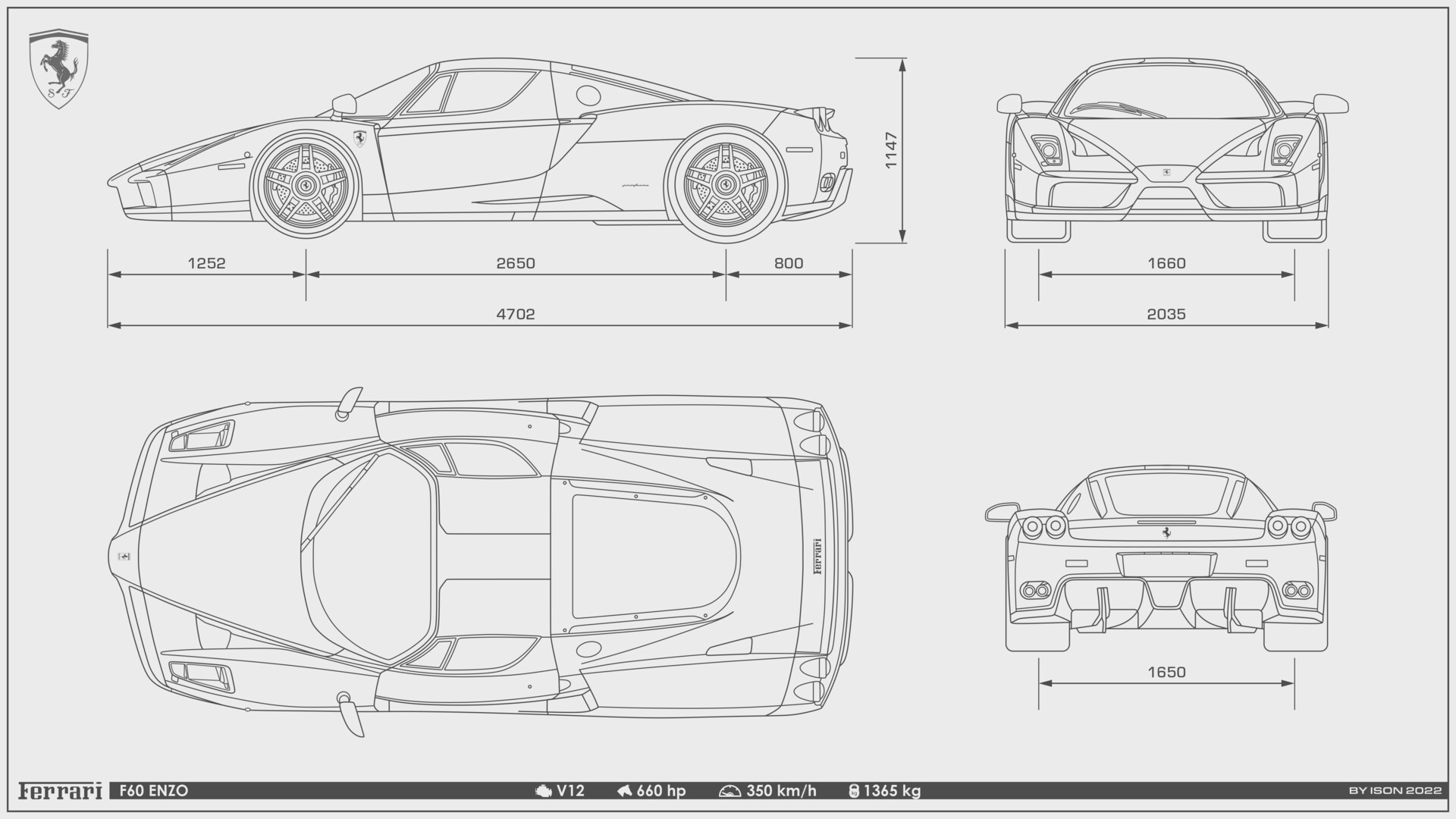 Чертеж машины с размерами для моделирования ArtStation - Ferrari F60 Enzo (2002) Red vectordrawing