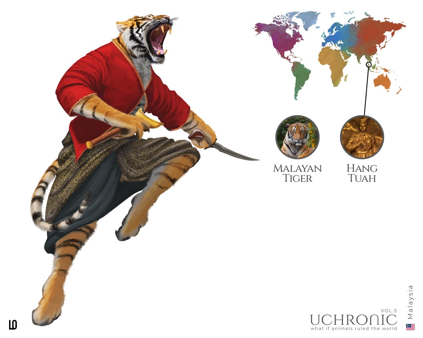 Malaysia , Huang Tuah was a legendary hero, the most powerful of the lakmasana (admirals) and considered the greatest Silat master. To represent him I take the magnificent Malayan Tiger.