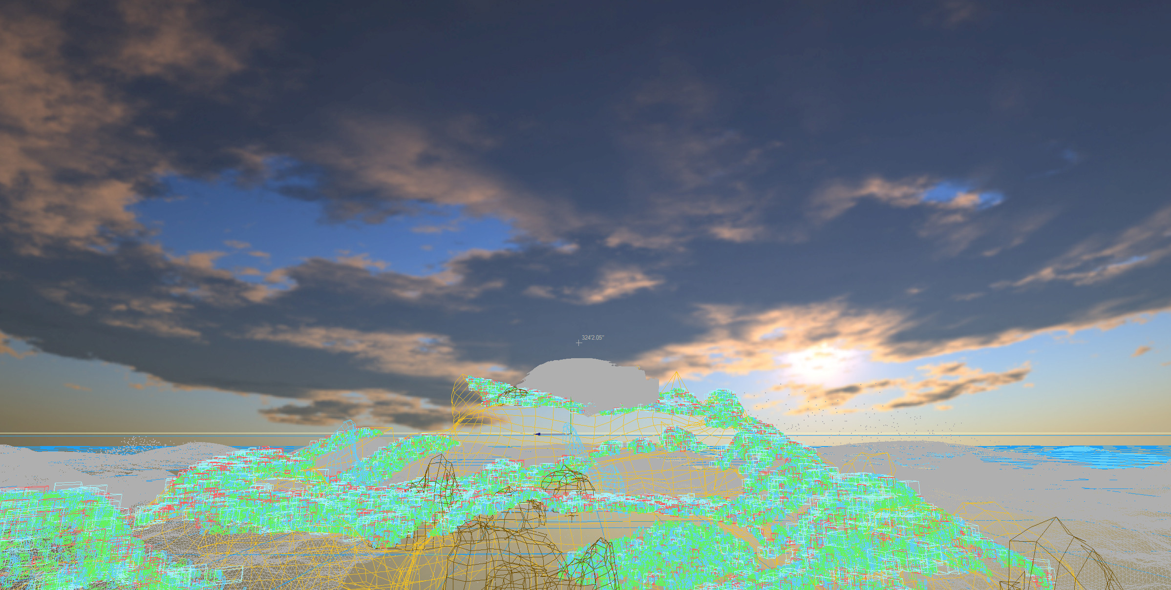 Ark and landscape wire frame with 3d generated sky.