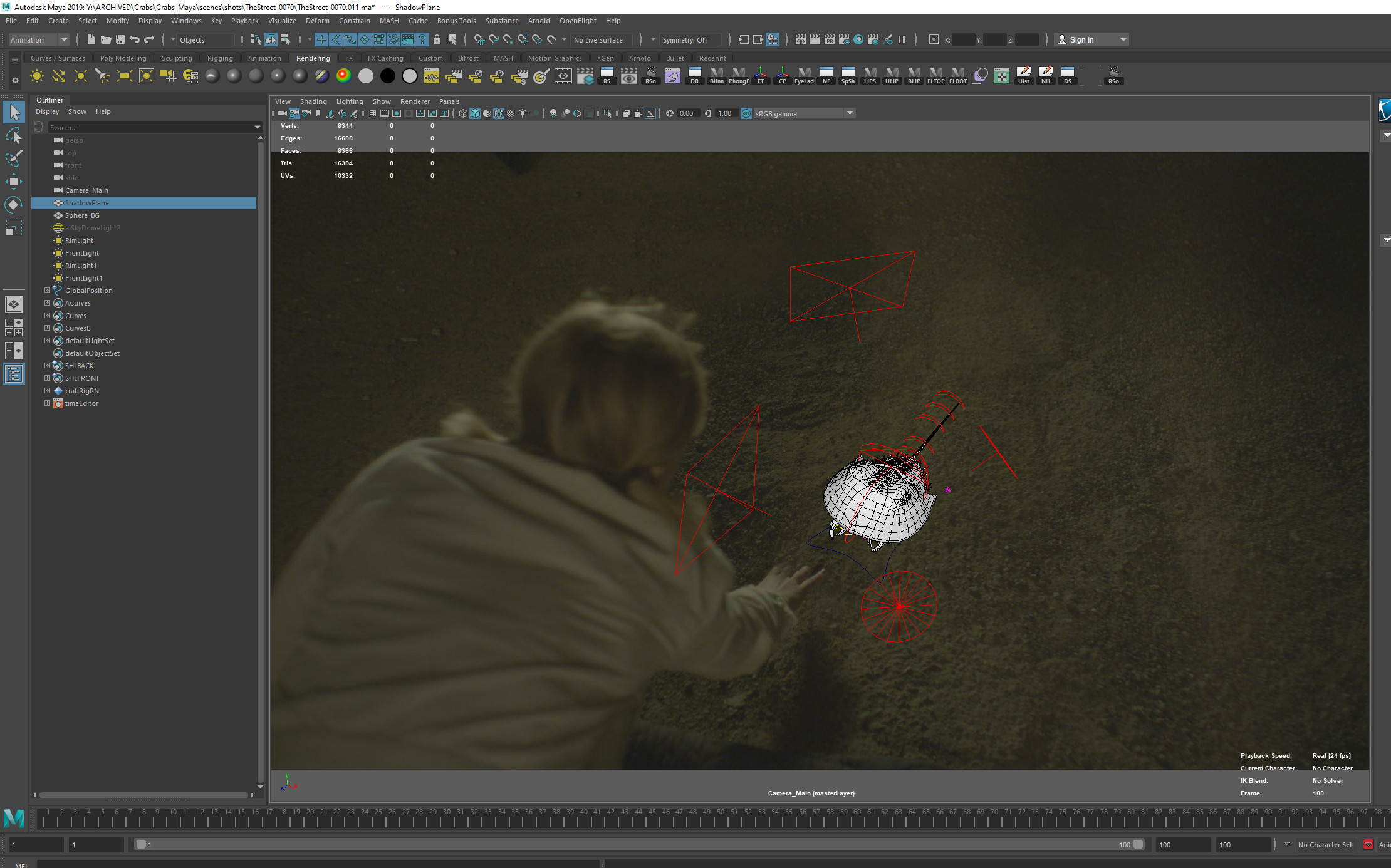 Quick shade crab against live action plate.