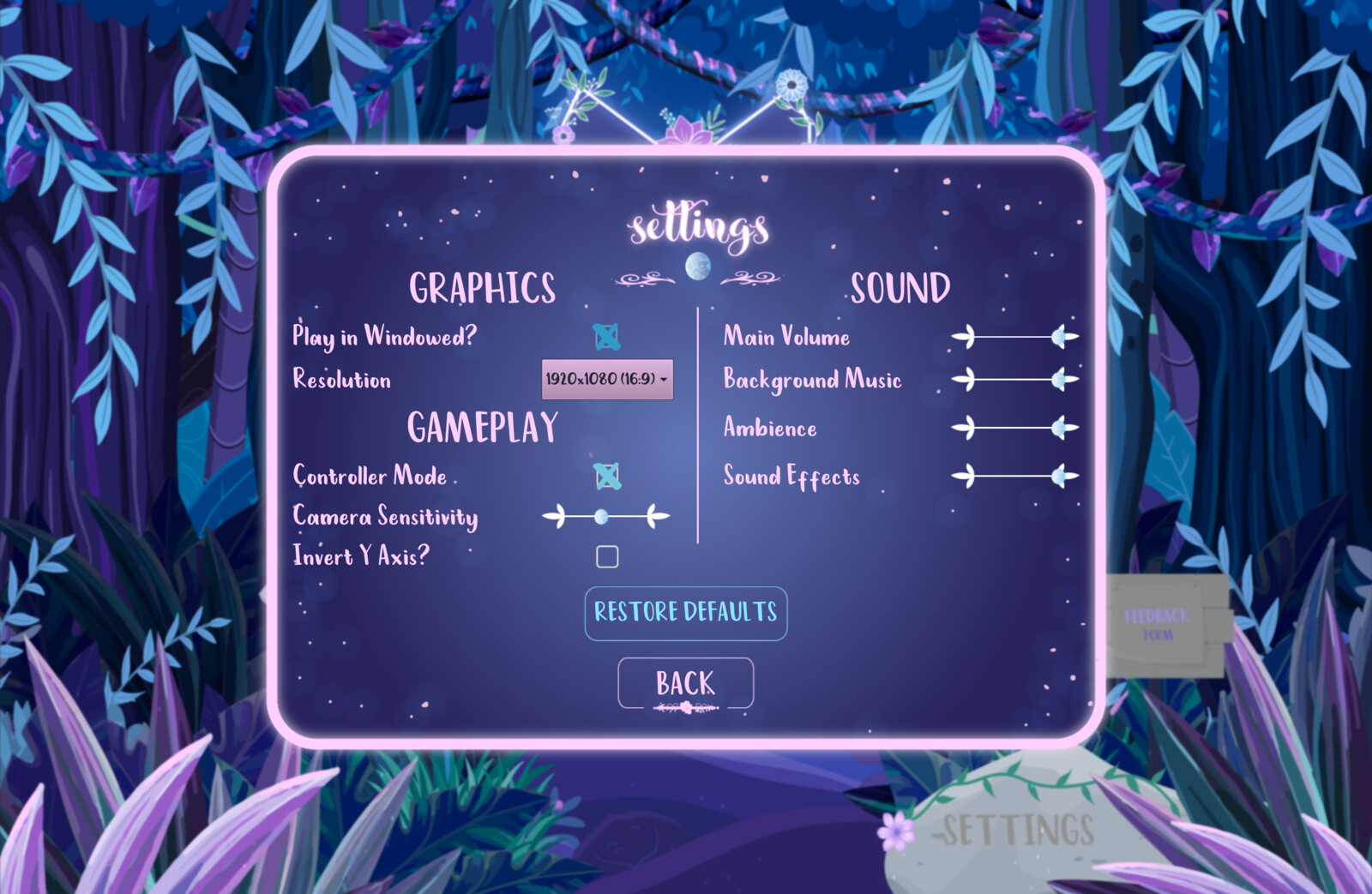 The game's Settings menu