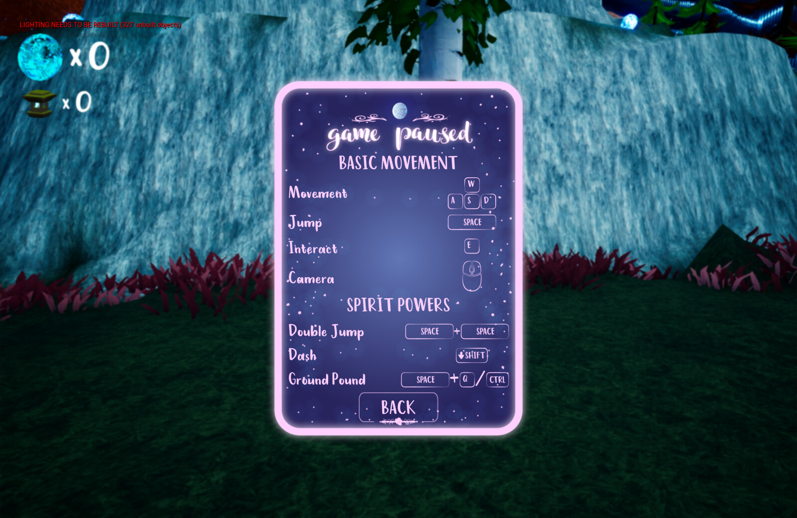 A screenshot from within the game level, showing the HUD and the controls menu.