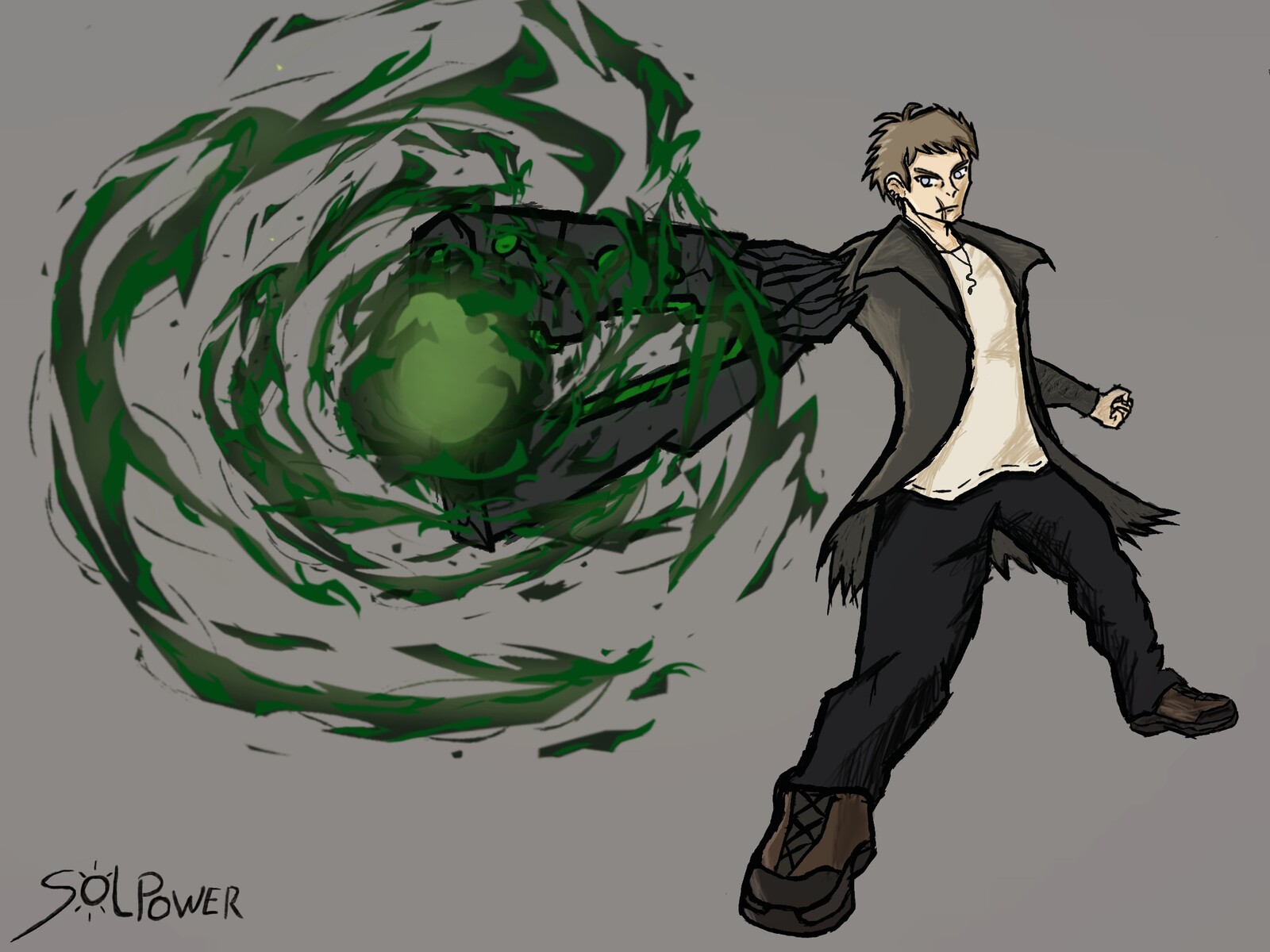 An original character, James, with a shiny new arm.