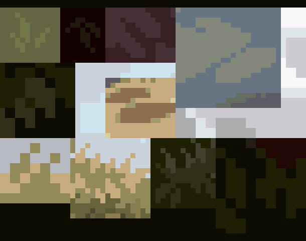 Something else I wanted to do was to understand Adam's approach to pixel art clusters: I noticed that there were a lot of tetromino clusters used for foliage, which I all turned into brushes, and that the square eraser brush was used for rocks.