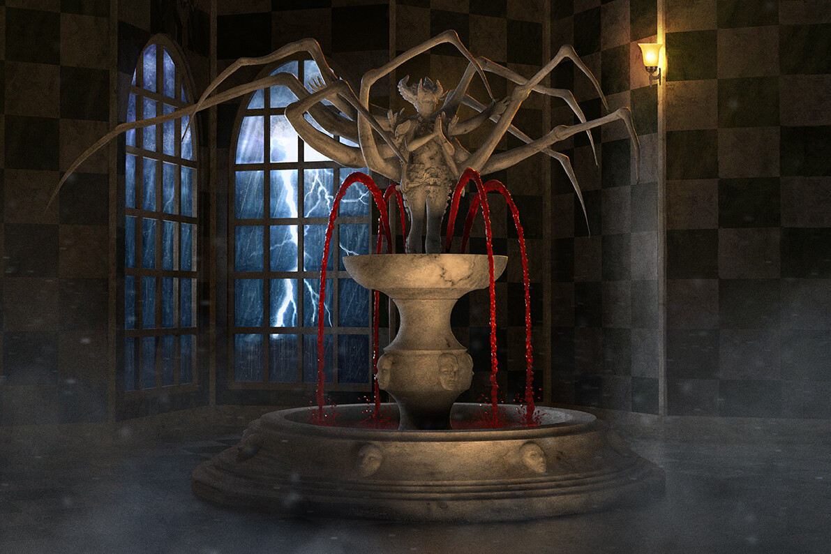 The fountain of pain. Just an interior fountain crowned with a weird lovecraftiqn goddess where does blood emanate from.