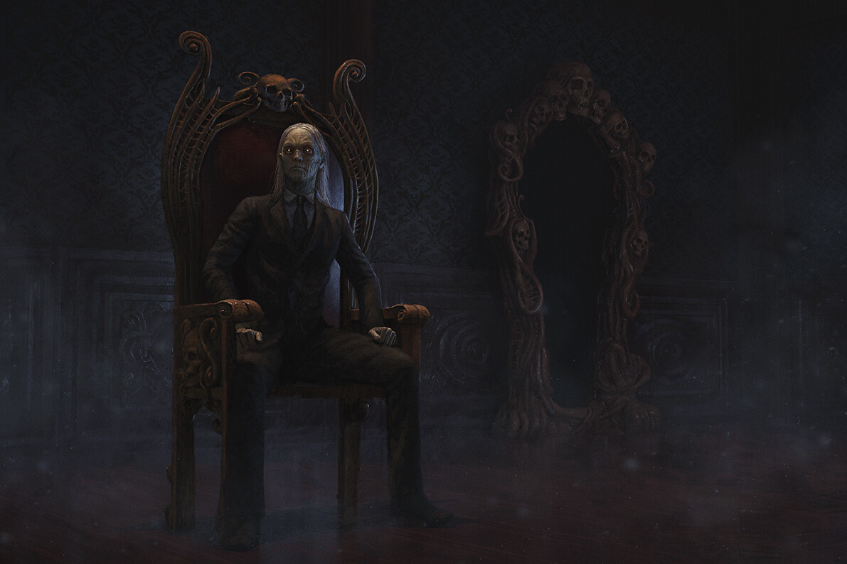 Psychomanteum - A room where a ghost lies in a chair (I wanted to make him translucent but they rejected the idea) near to a weird big mirror, the heart of the room, that doesn’t reflect nothing at all because it works as a door to call spirits from the o