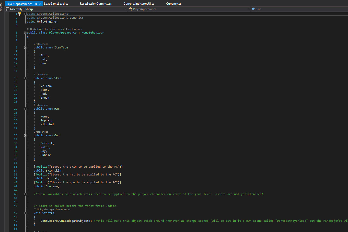 Some of the script work I did for the coin and currency implementation. This shot shows the work with enums. This script stores and sets the player character's appearance once changed through the store menu (Script continues in next screenshot)