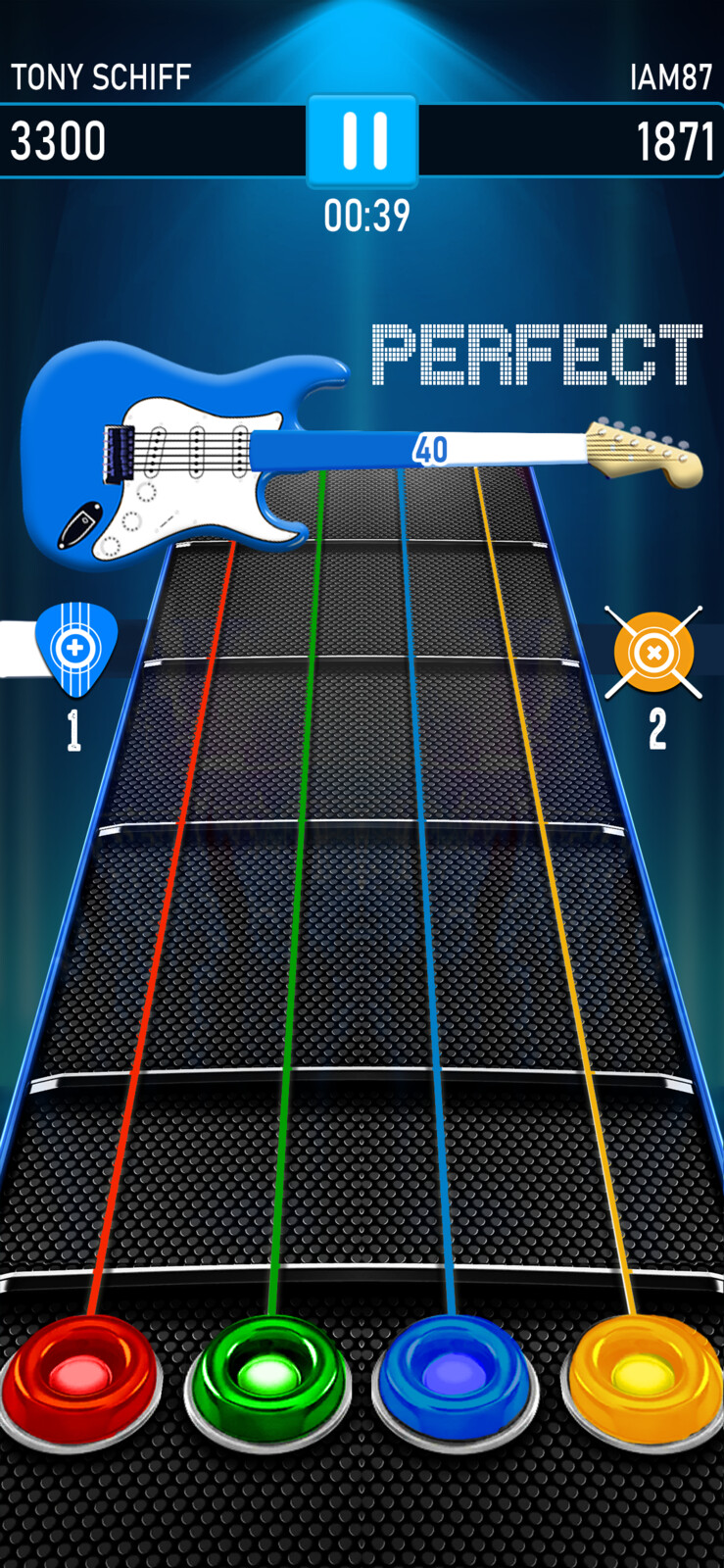 Guitar Gameplay GUI wherein health is displayed on guitar bar visually with colours and numbers. and the gameplay layout was also done by me