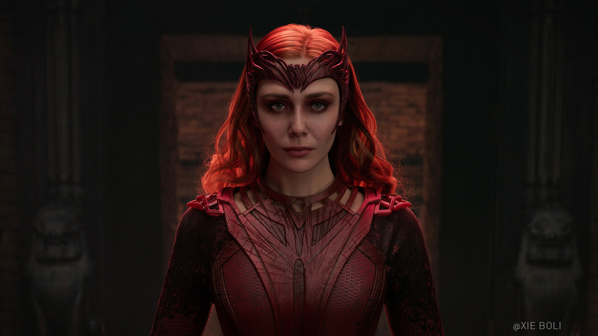 KREA - elizabeth olsen as the scarlet witch afloat in the air with red  eyes, red magic surrounds her, trending on artstation, 8 k quality,  cgsociety contest winner, artstation hd, artstation hq